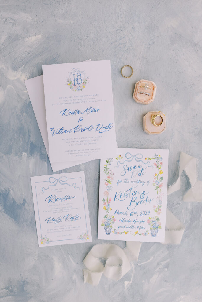 wedding details and invitations and rings