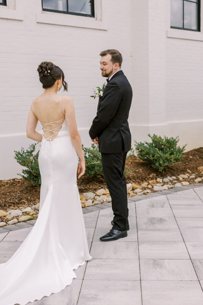 bride and groom first look