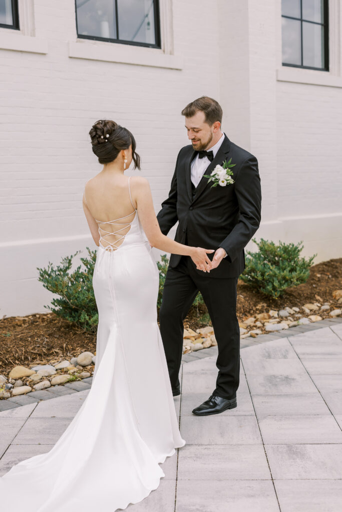 bride and groom first look