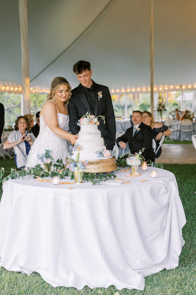 bride and groom cutting the cake