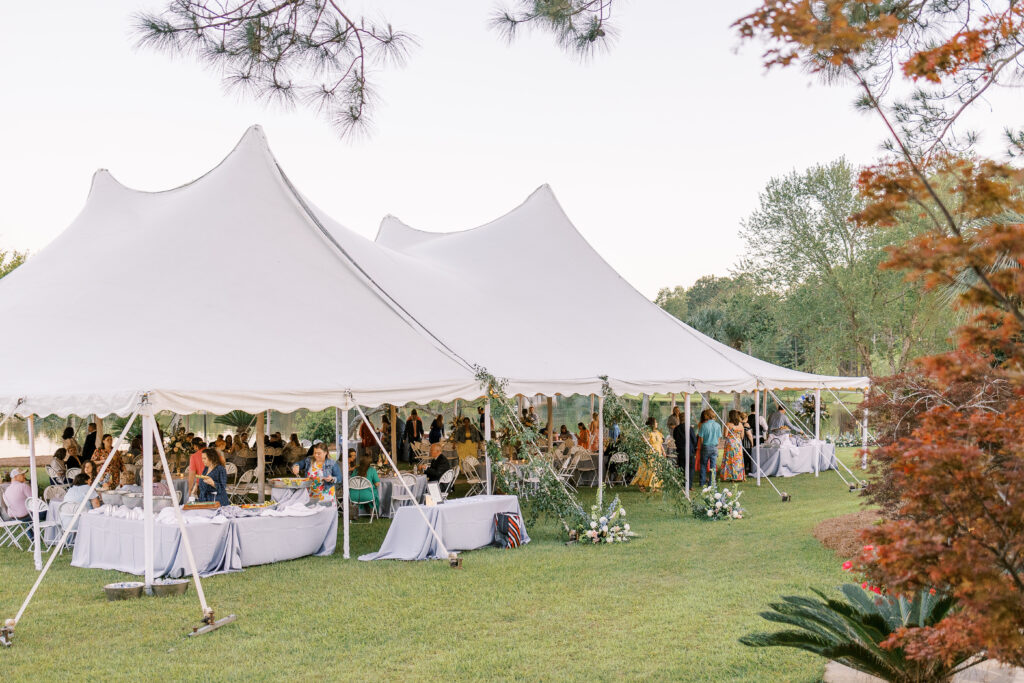 outdoor wedding reception by the lake