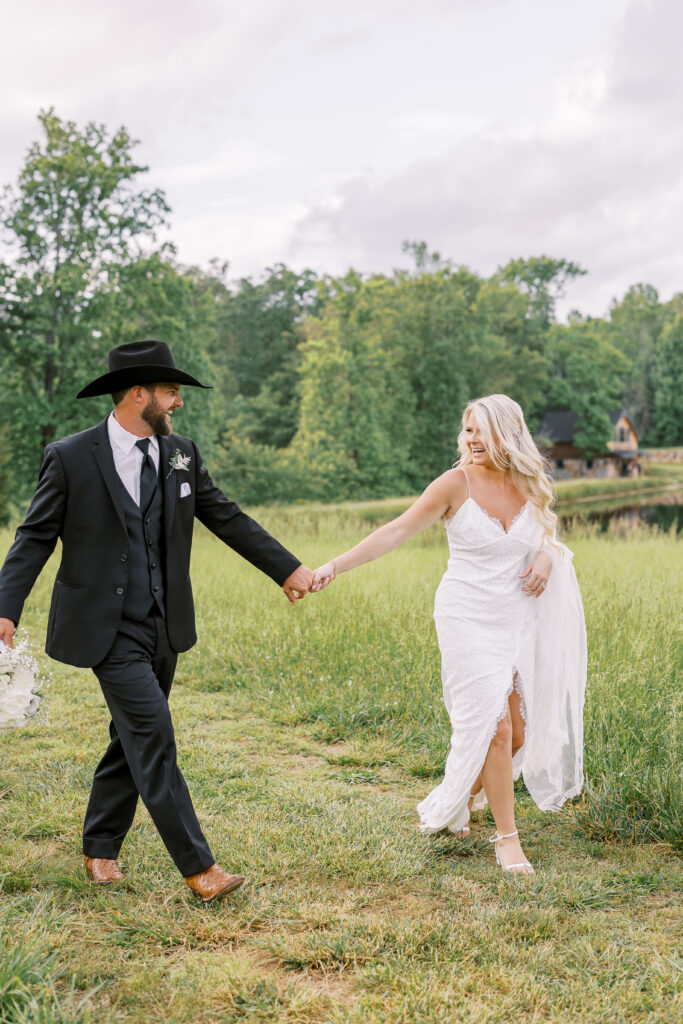 bride and groom laughing