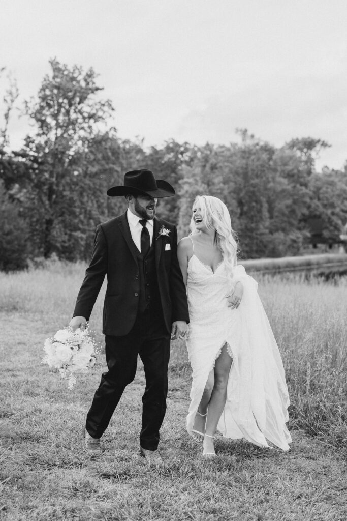 bride and groom in black and white