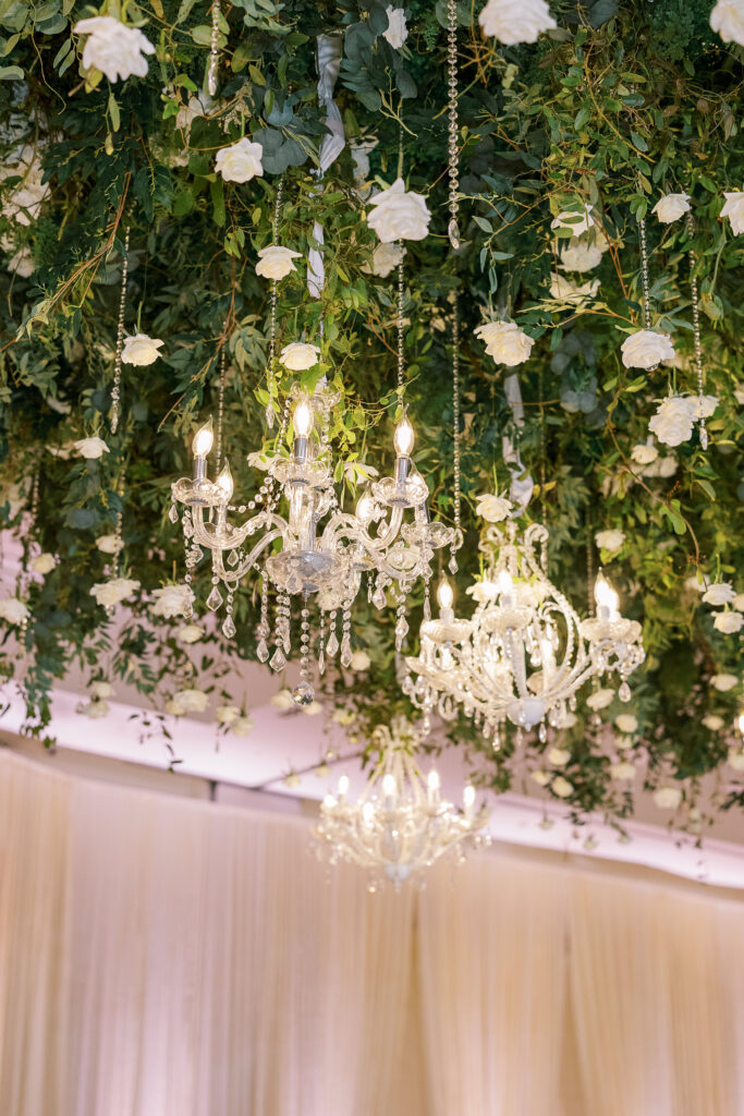 wedding florals and chandelier