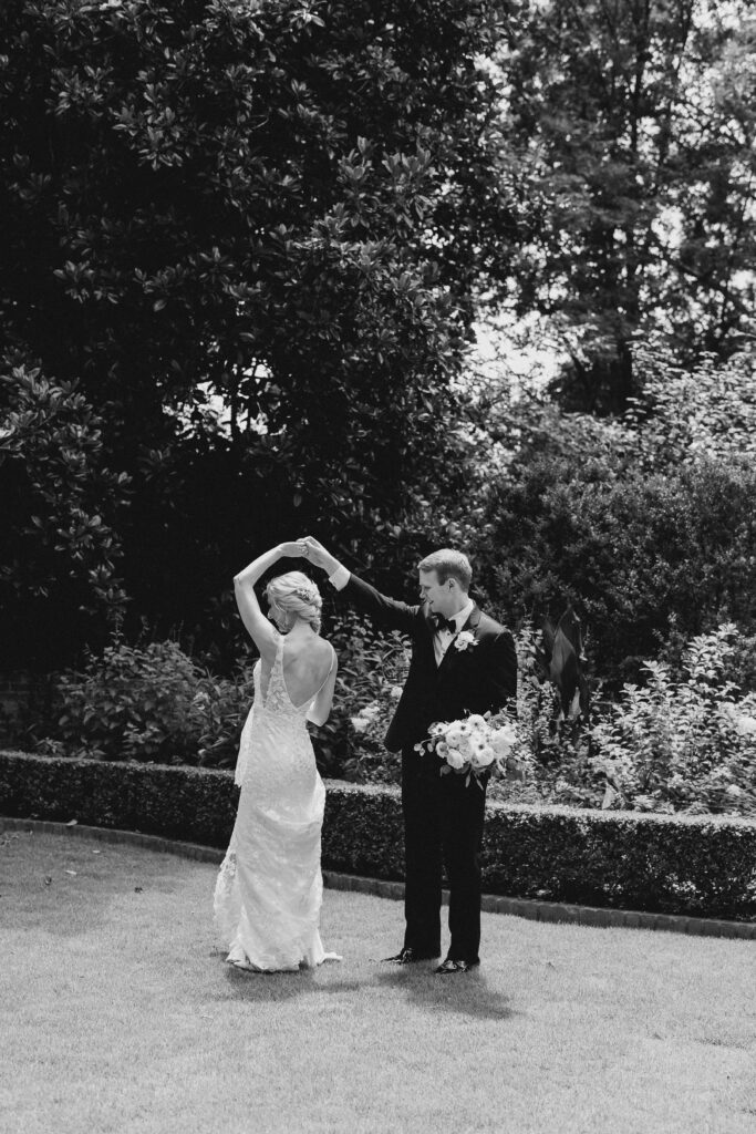 bride and groom at the founder's garden in uga