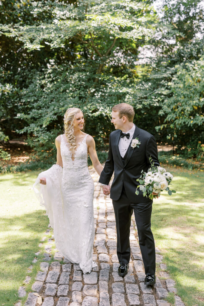 bride and groom at the founder's garden in uga