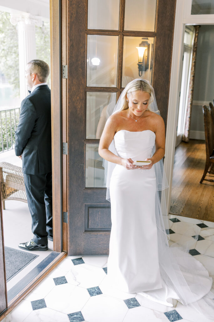 bride and groom exchanging gifts