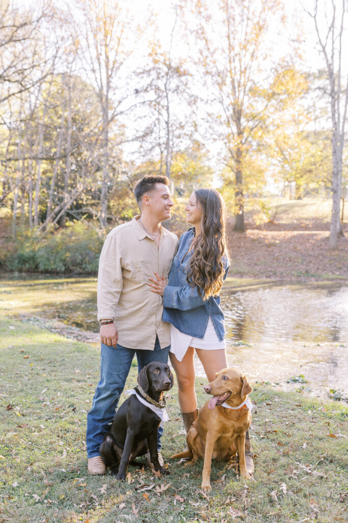 newly engaged couple and their dogs