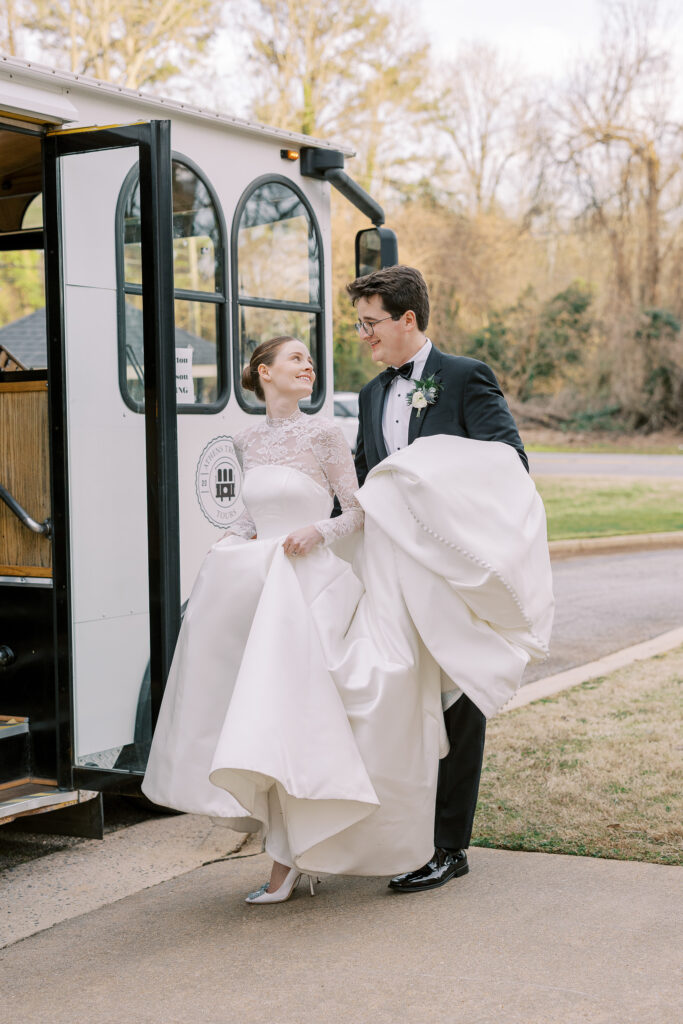 bride and groom on the athens trolley