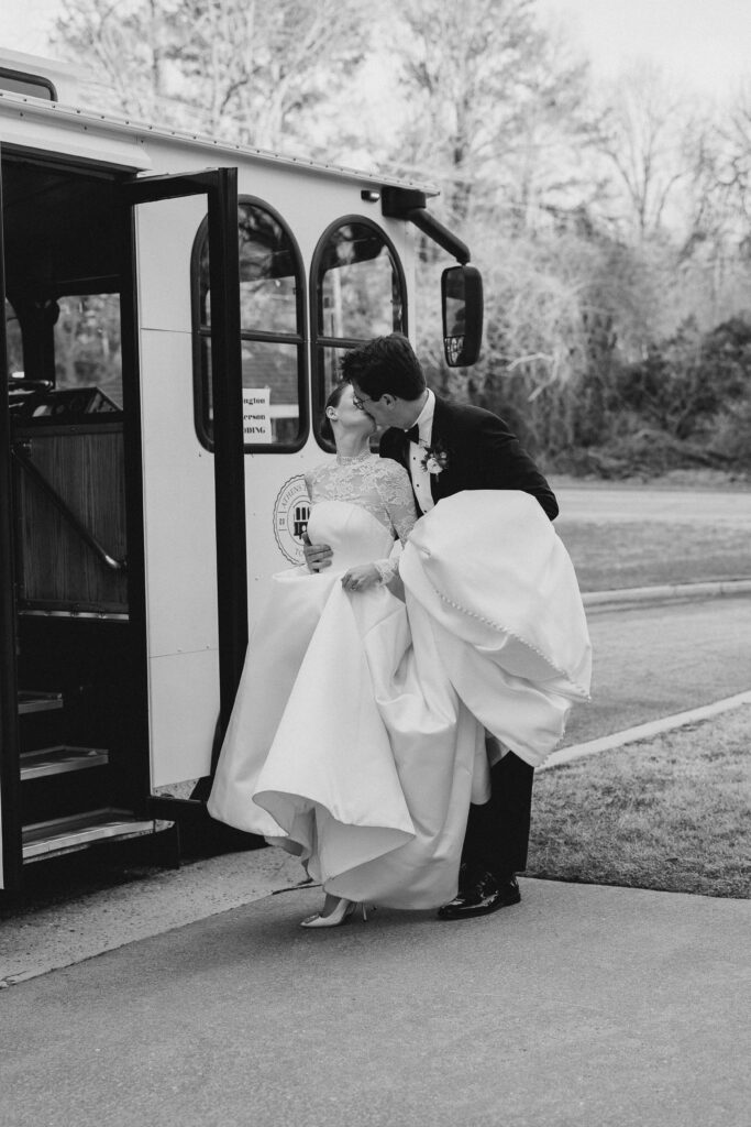 bride and groom on the athens trolley
