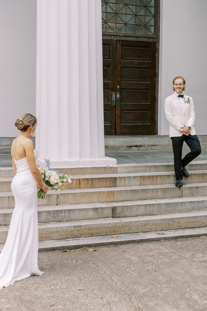 bride and groom first look