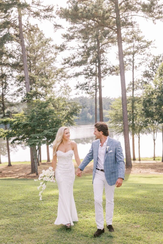lakeside portrait of a bride and groom