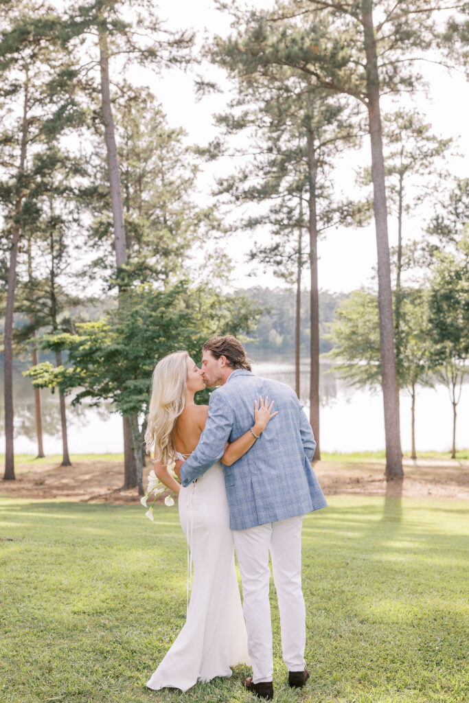 lakeside portrait of a bride and groom