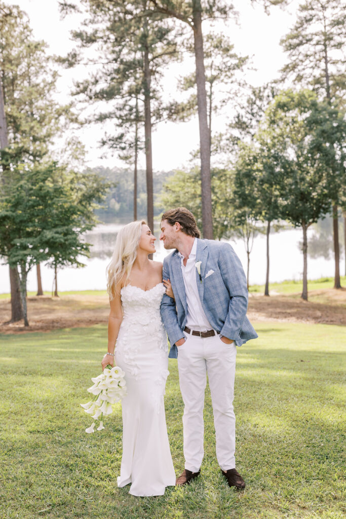 lakeside portrait of a bride and groom