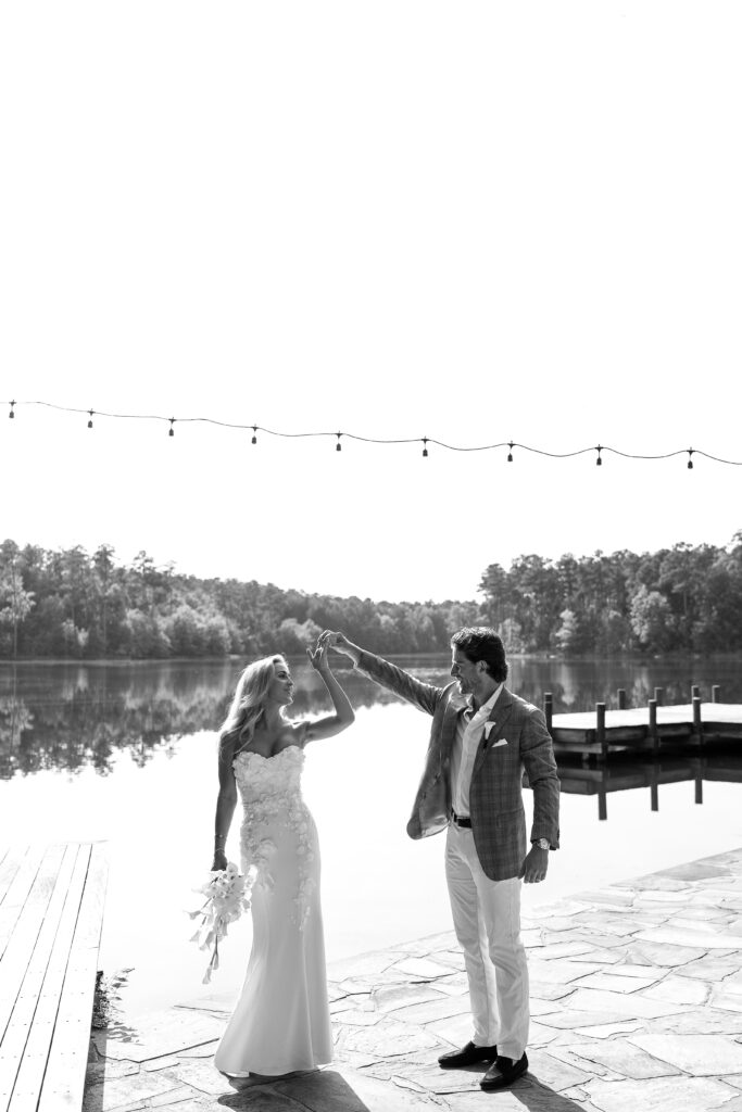 lakeside portrait of a bride and groom