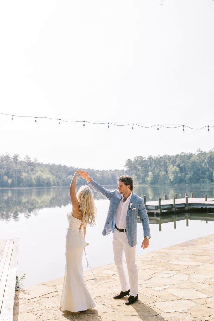 lakeside portrait of a bride and groom