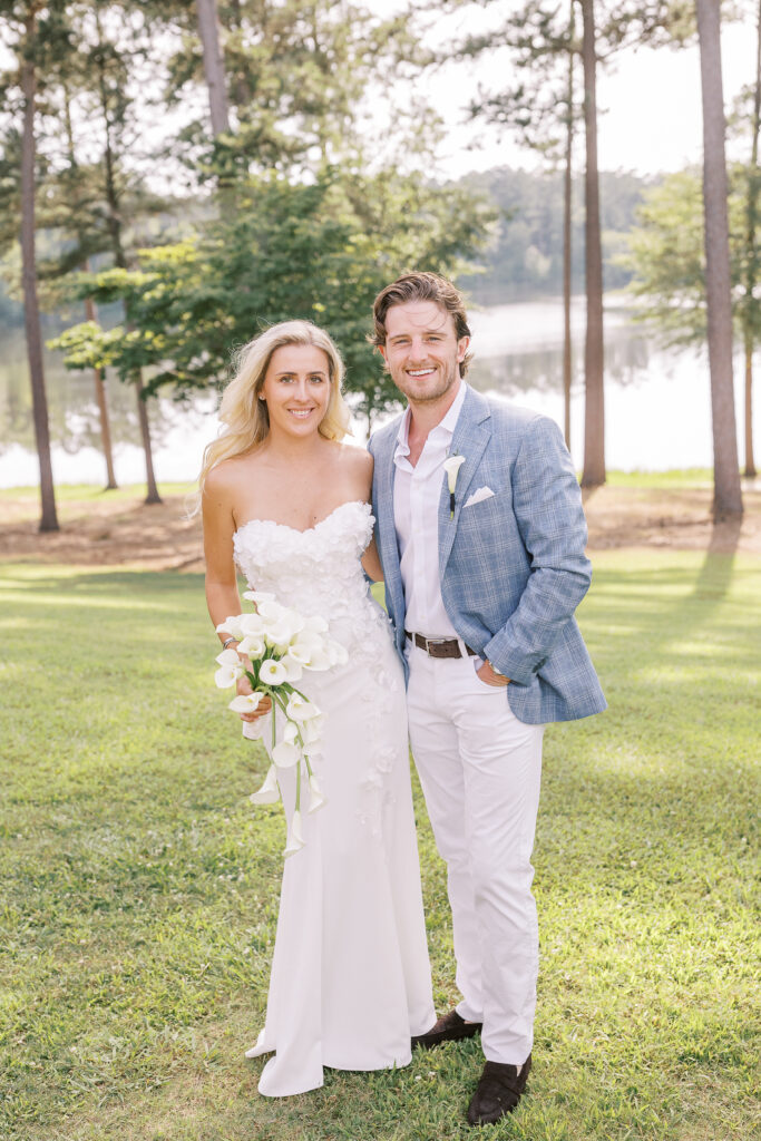 lakeside portrait of a bride and groom