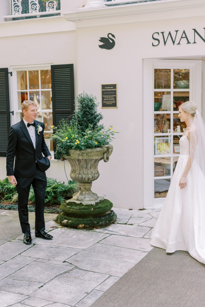 bride and groom first look