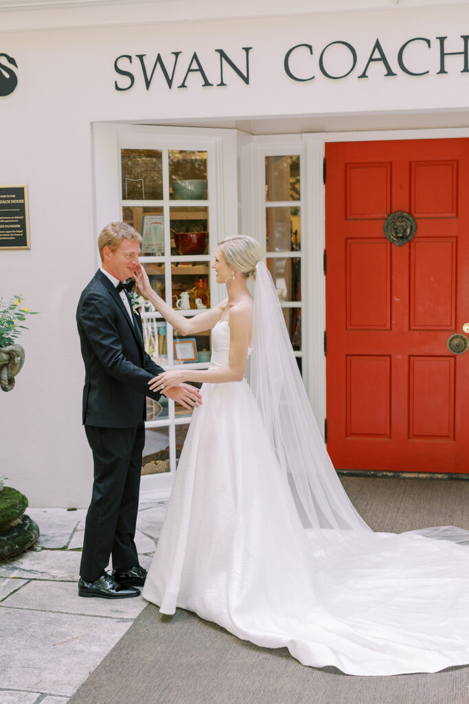 bride and groom first look