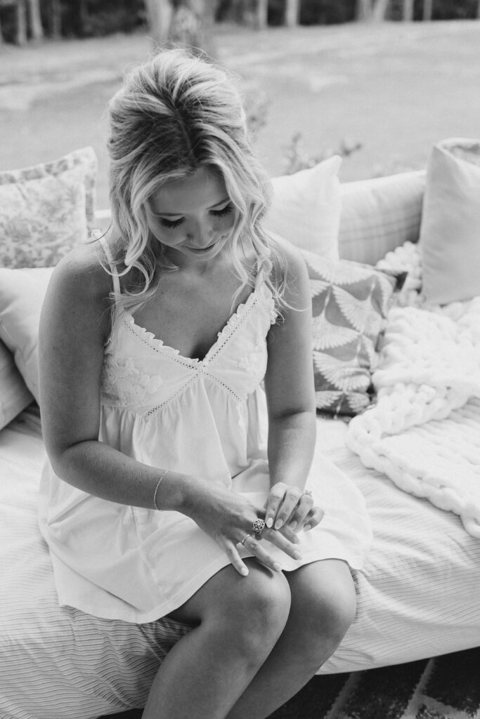 bride looking at her engagement ring