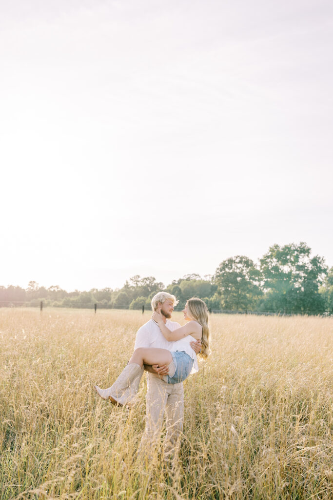 a couple's engagement session at wild daisy farm in molena, georgia