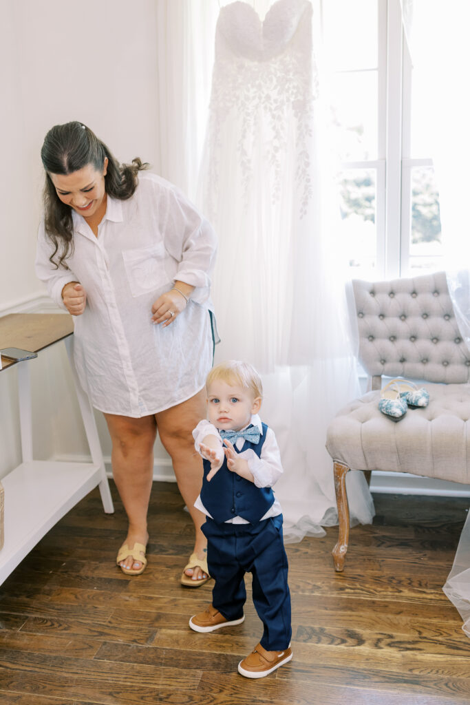 bride and her son getting ready