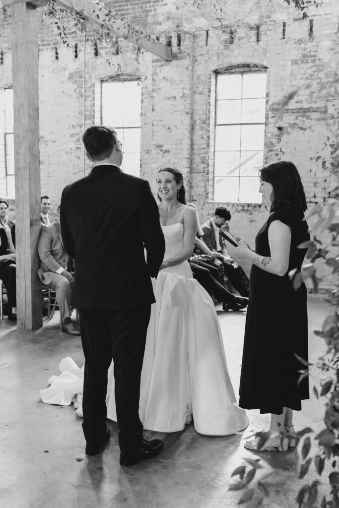 A photo from a wedding held at Guardian Works in Atlanta, balancing elegance and industrial.