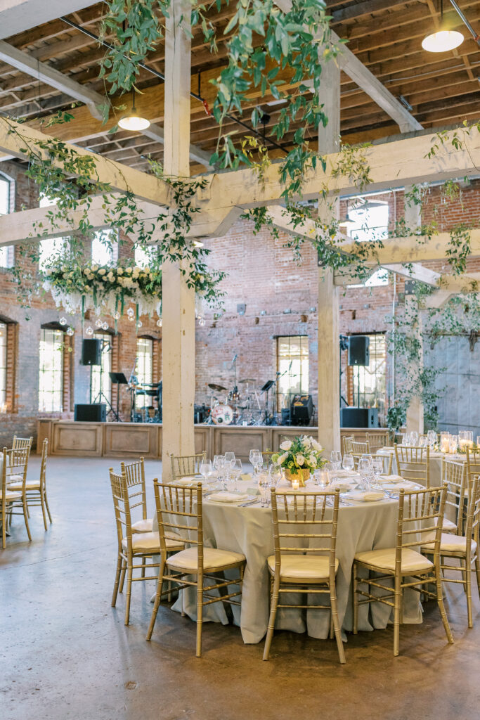 A photo from a wedding reception held at Guardian Works in Atlanta, balancing elegance and industrial.