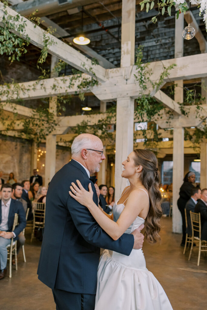 A photo from a wedding reception held at Guardian Works in Atlanta, balancing elegance and industrial.