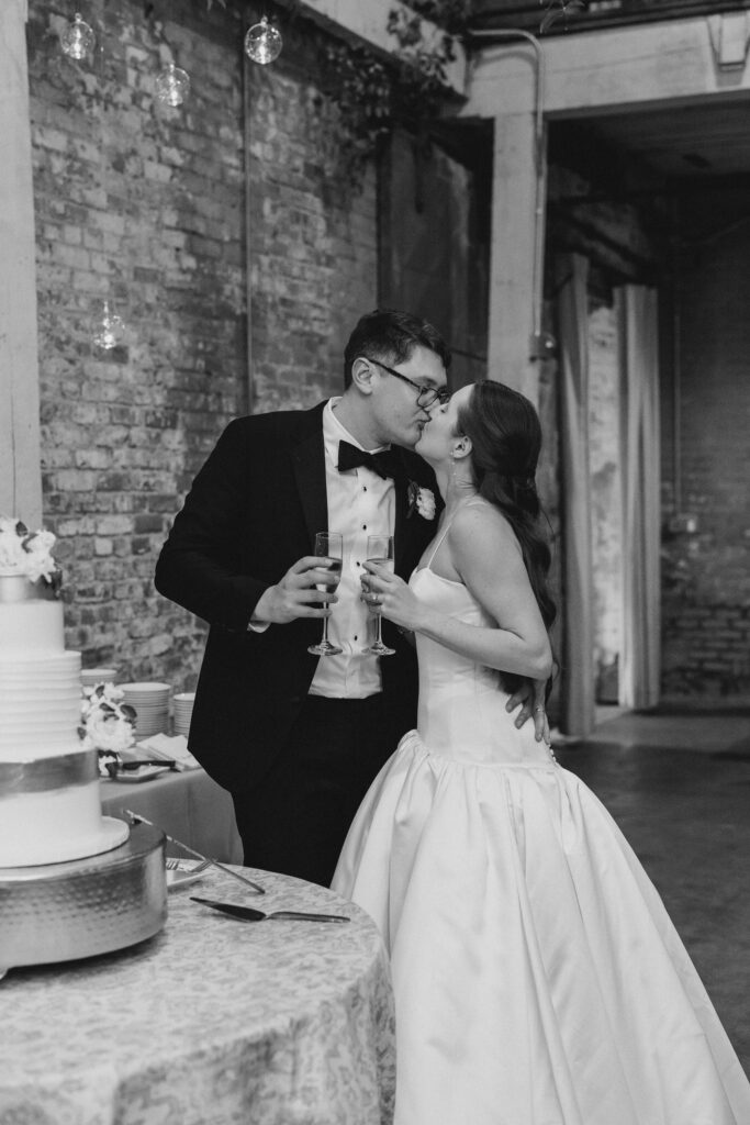 A photo from a wedding reception held at Guardian Works in Atlanta, balancing elegance and industrial.